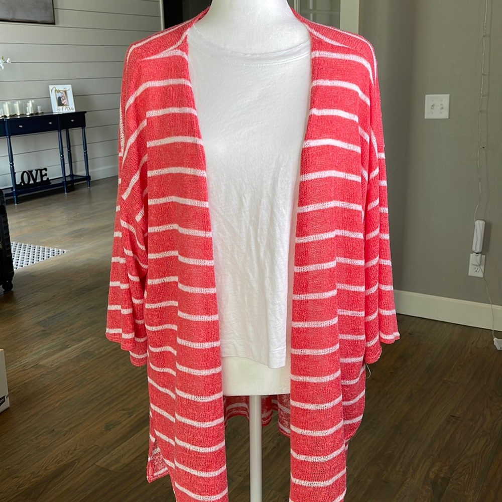 Salmon colored light weight striped cardigan